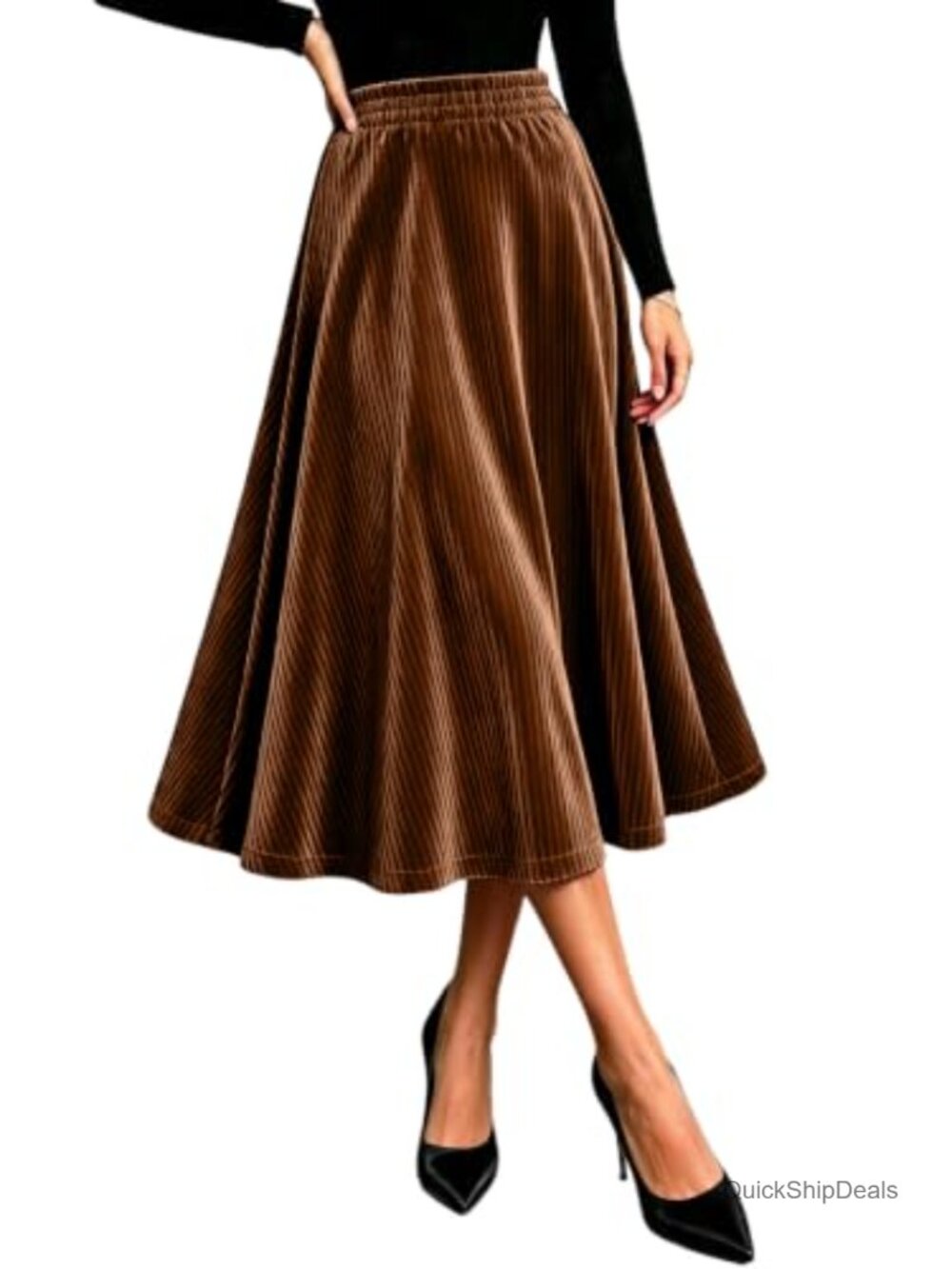 Velvet Midi Skirt Elastic A-Line Swing Hem Fall Winter Holiday Party
